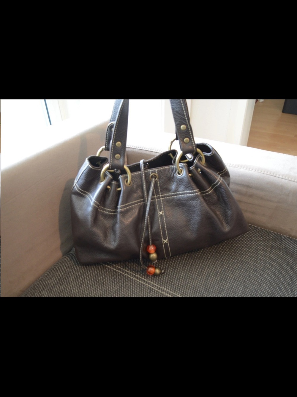 Mulberry Dark Brown Pebbled Leather Shoulder Bag with Bead Tassels